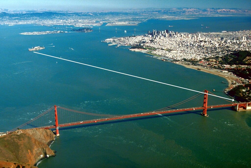 Aerial photo showing Golden Gate Bridge and Alcatraz with arrow indicating the general path of Scott's swim/float.