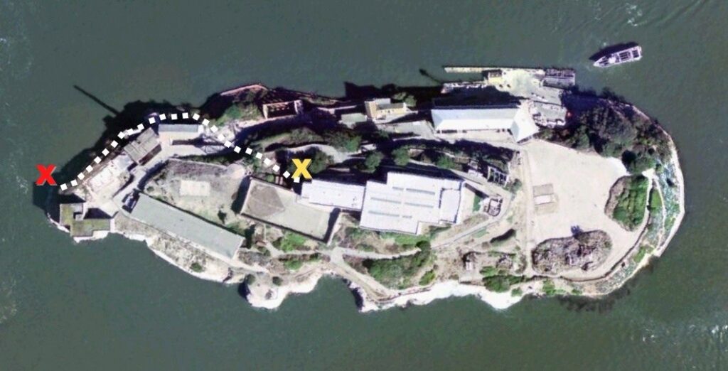 Aerial photo of Alcatraz Island showing prisoners escape path.