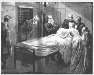 Drawing of people gathered around the hospital bed for President Garfield in 1881.