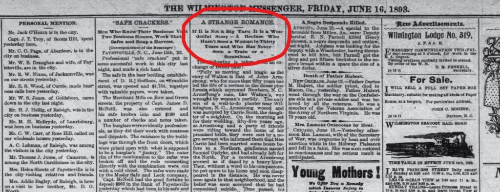 Wilmington Messenger, Wilmington, NC, Friday, June 16, 1893, Page 4, “A Strange Romance”