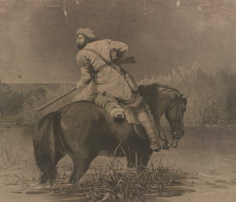 Drawing of a man on horseback with a rifle in a marsh. Circa 1836.