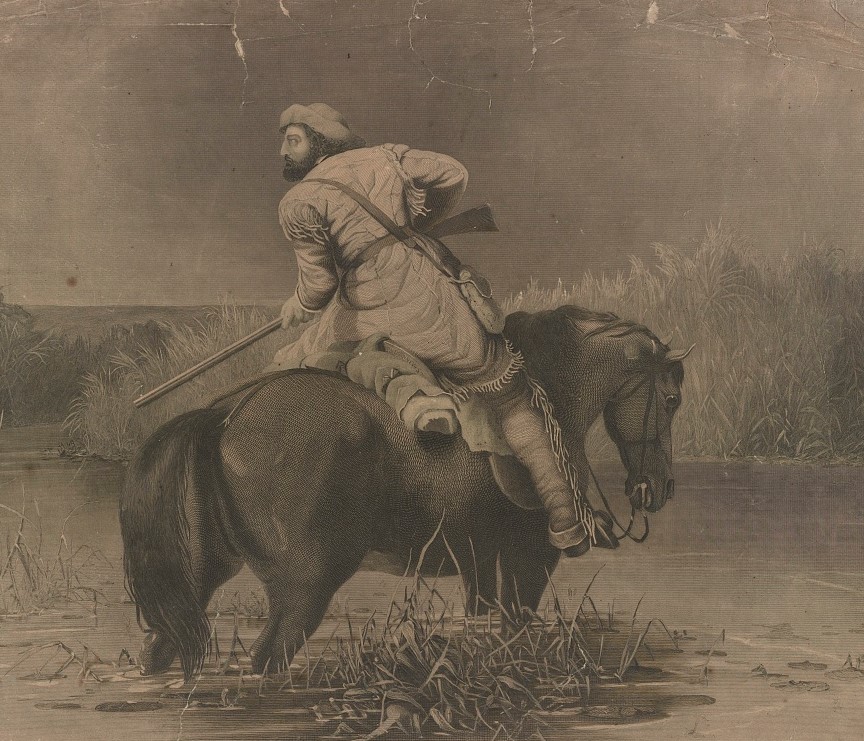 Drawing of a man on horseback with a rifle in a marsh. Circa 1836.