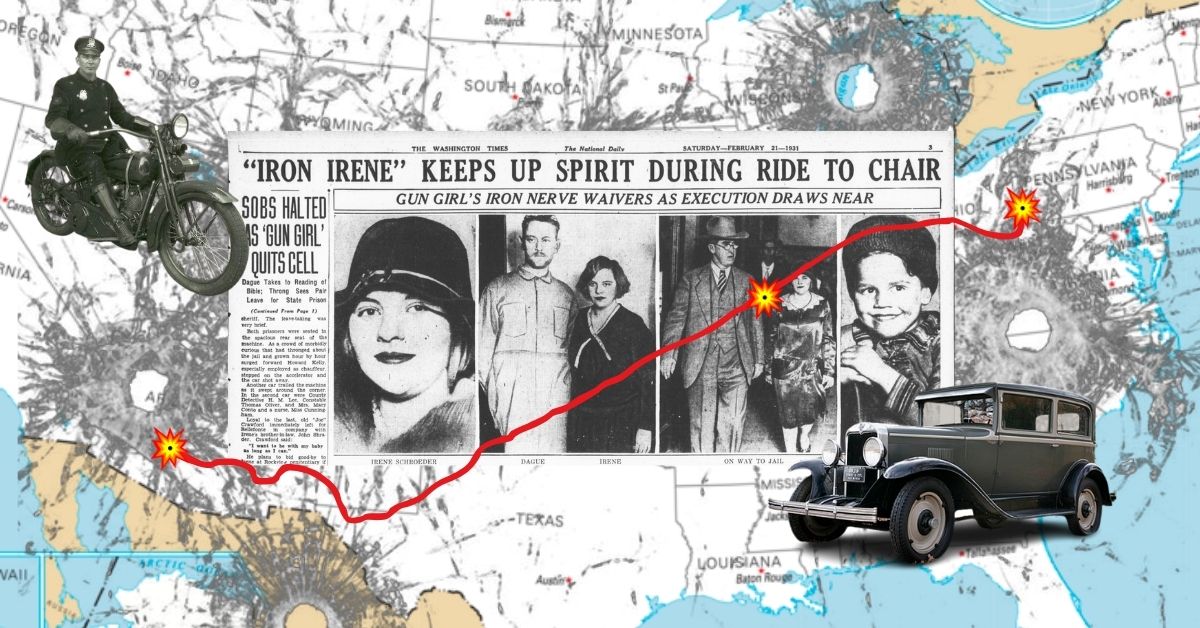 Composite image showing a US map, route, newspaper clipping, and an antique car and motorcycle.