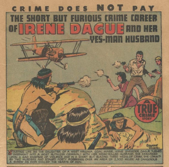 Comic book panel showing a woman and two men shooting at American Indians while a biplane flies overhead.