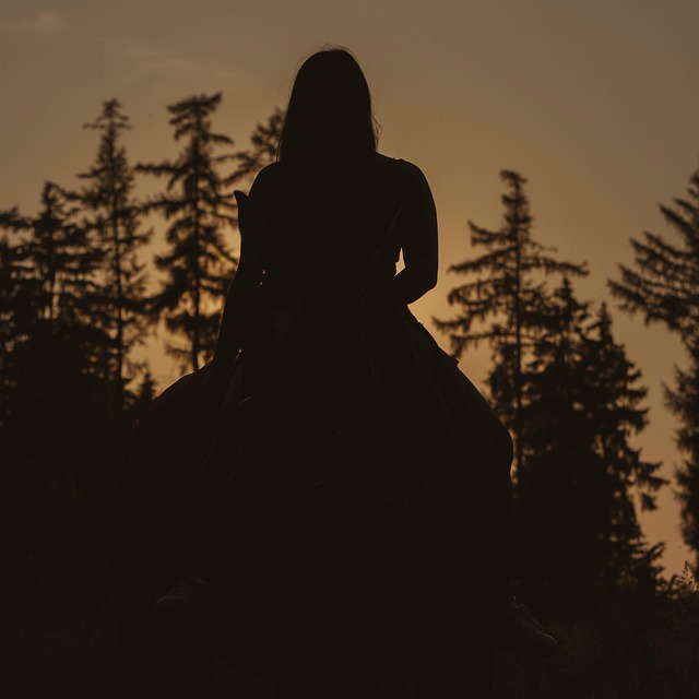 Silhouette of a woman riding a horse in a dark forest.