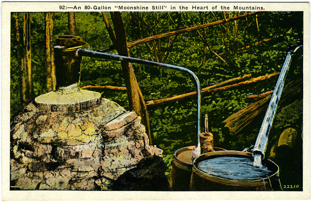 Color postcard of a moonshine still in the forest of Western North Carolina.