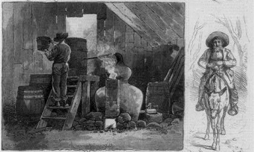 A man tending a moonshine still and a man riding a mule.