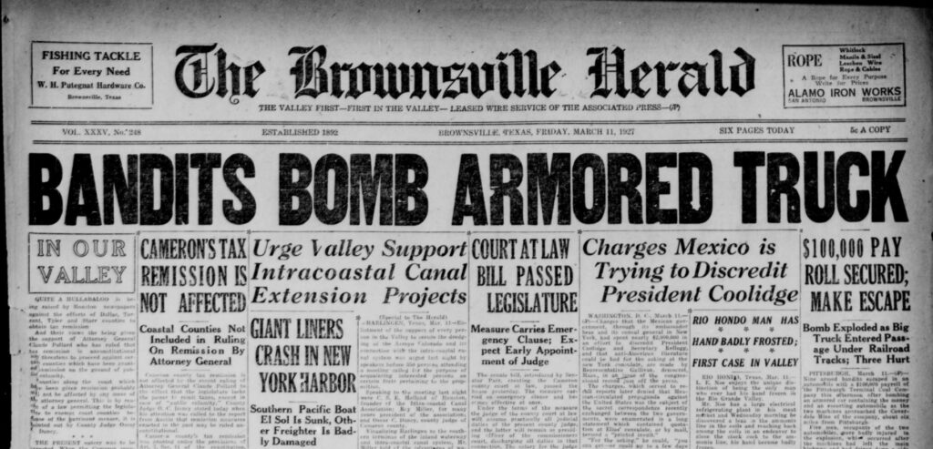 Front Page of the March 11, 1927 Brownsville Herald