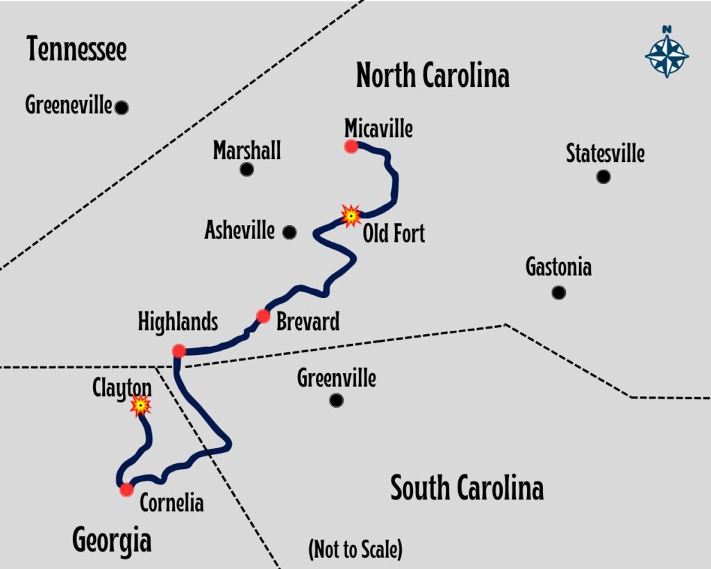 Map of NE Georgia, Tennesse, South Carolina and North Carolina showing bank robbers route.