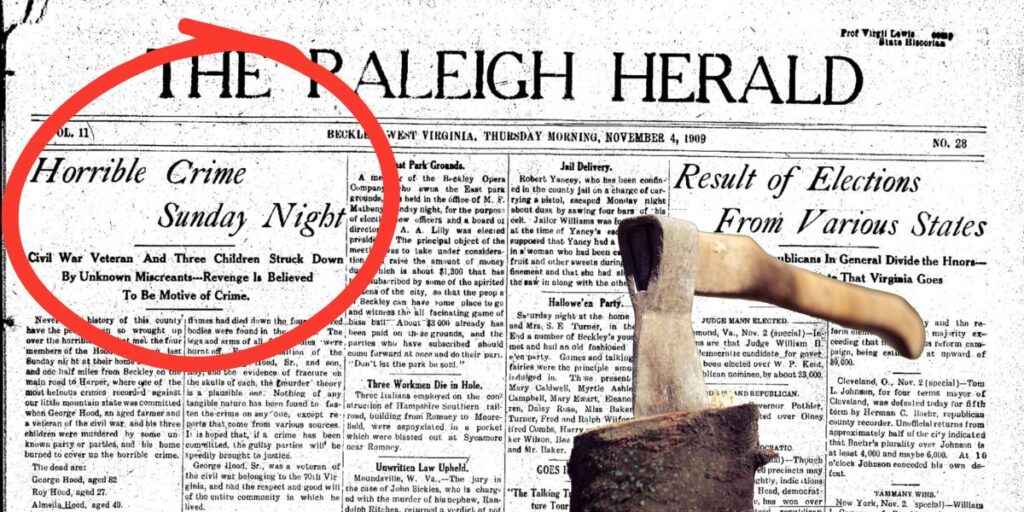 Front page of a newspaper with an ax embedded in a block of wood.