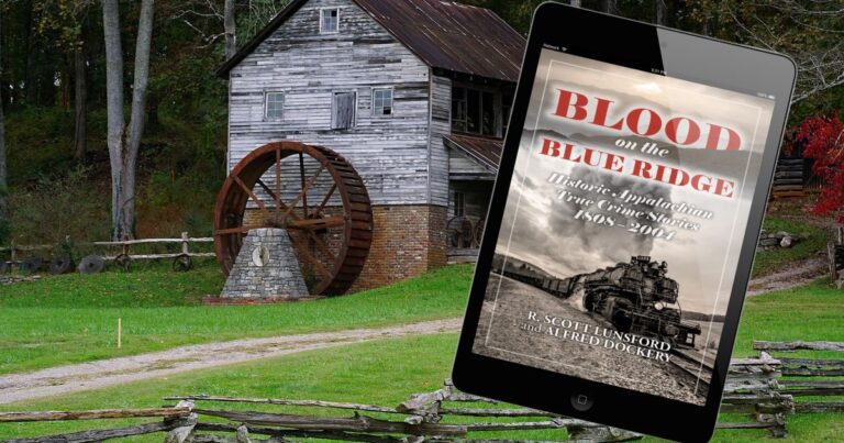 Book cover on tablet in foreground, old mill in backgroound