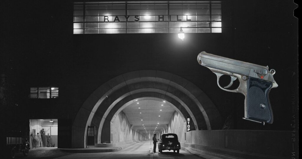 A photo of a tunnel on the Pennsylvania Turnpike at night and a handgun.